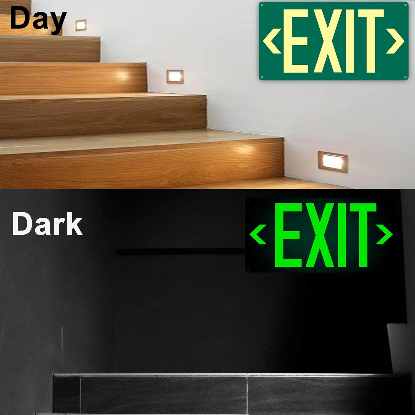 3Pack Photoluminescent Exit Sign Green - 14.25"x 7.5" Aluminum - Adhesive Backing- Includes 6pcs Removable Arrows - Glow In The Dark Exit Signs