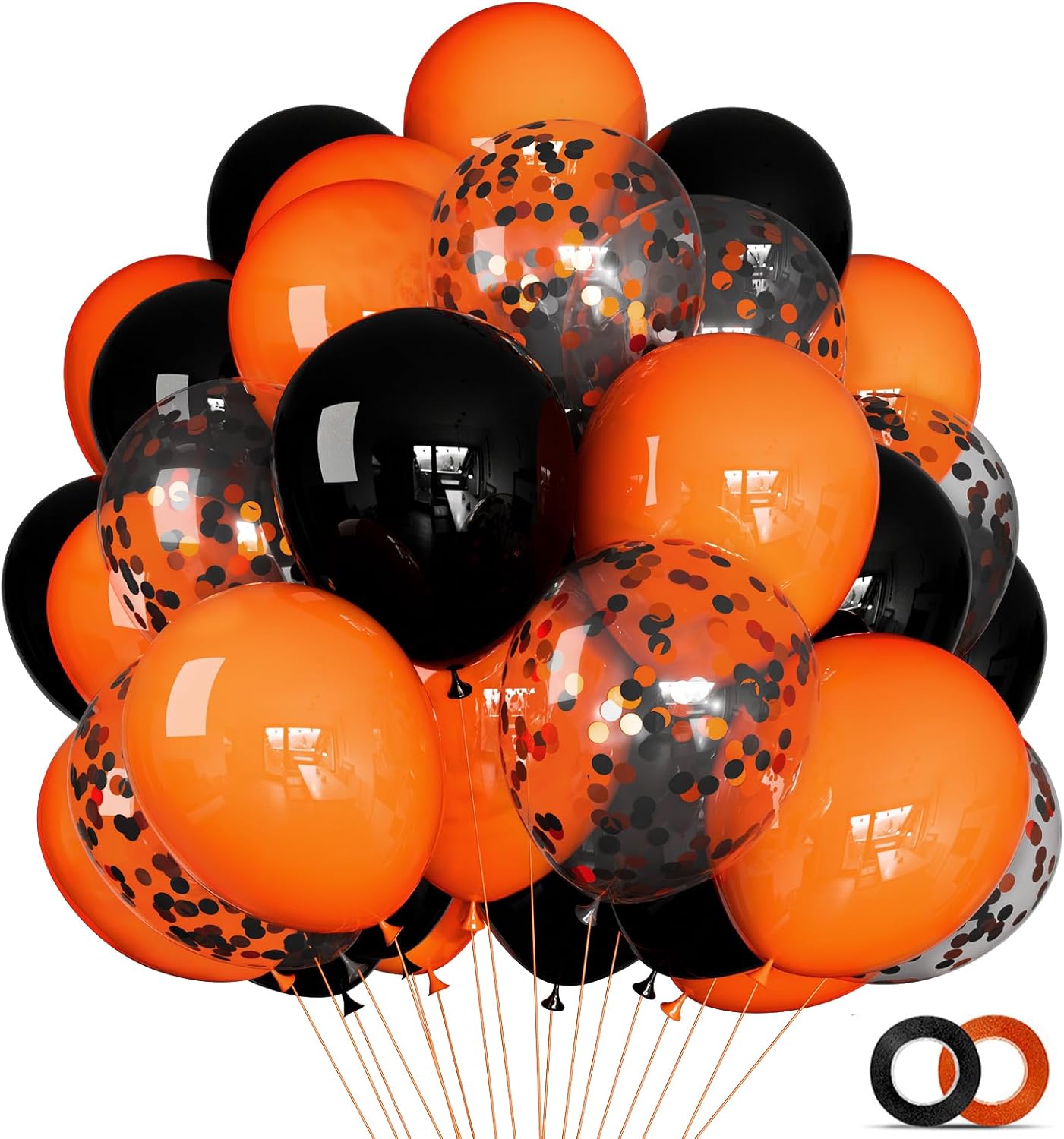 68Pcs Black and Orange Balloons, 12 inch Orange Black Latex Balloon Set with Confetti Ribbons Reusable, Fade-Resistant for Halloween, Graduation Spooky Party Decorations.