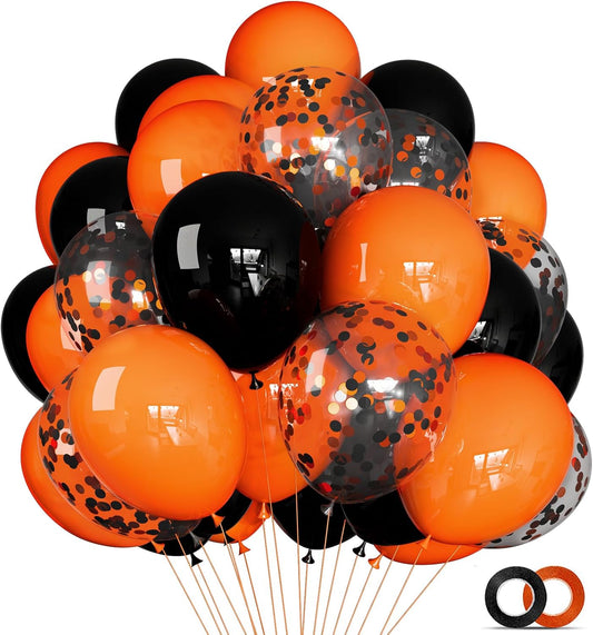 68Pcs Black and Orange Balloons, 12 inch Orange Black Latex Balloon Set with Confetti Ribbons Reusable, Fade-Resistant for Halloween, Graduation Spooky Party Decorations.