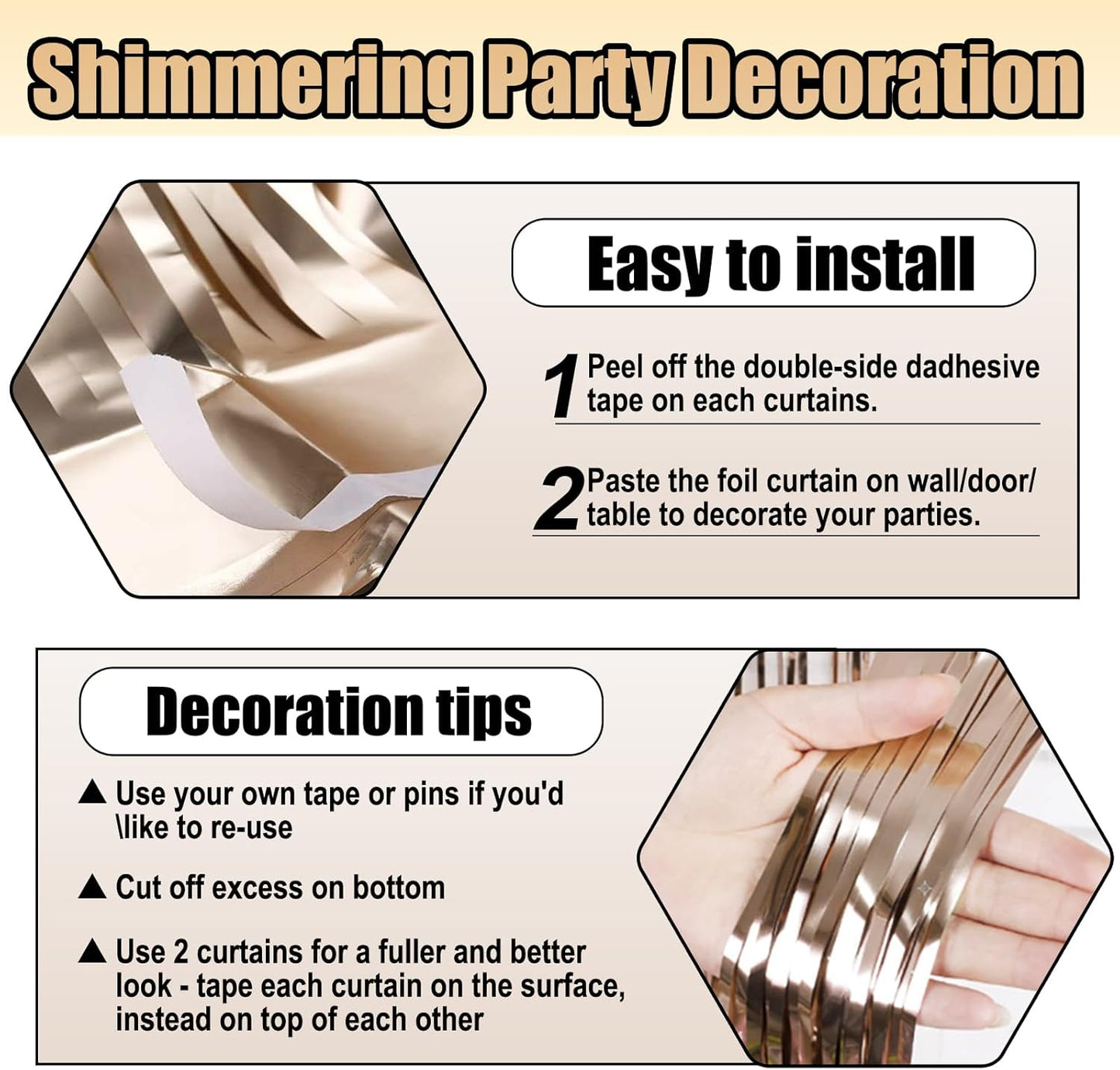 3 Pack Champagne Gold Foil Fringe Curtain Backdrop, 3.28Ft x 8.2Ft Metallic Tinsel Foil Fringe Streamer Curtains for Photo Booth, Christmas Day, Thanksgiving, Wedding, New Year Party Decorations