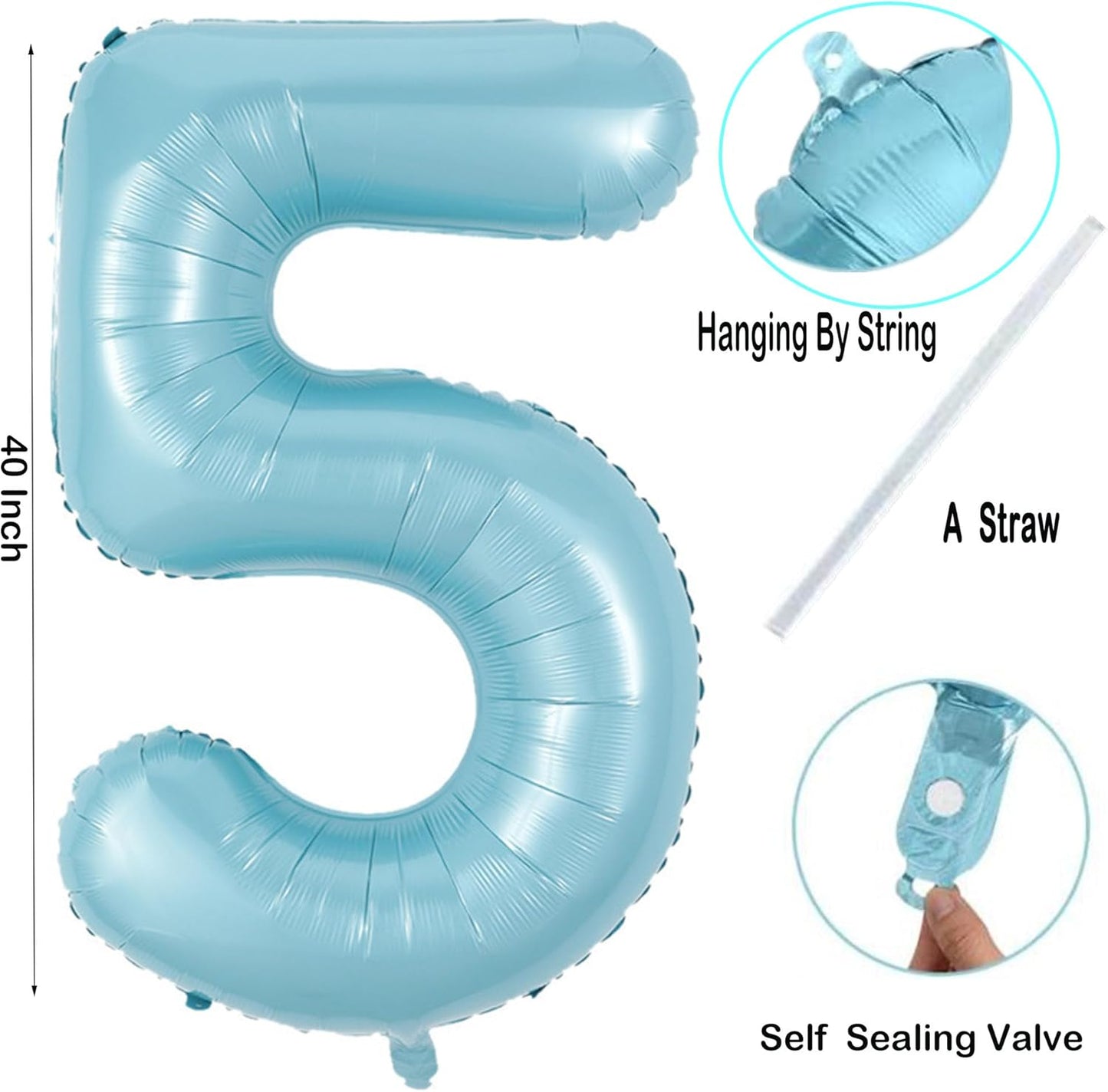 40 Inch Big Light Blue Number Balloon Birthday Decoration, Number 5 Helium Balloon 15 25 35 45 50 Years old Birthday Anniversary Party Supplies Foil Number Balloons Supplies Decorations (Blue No 5)