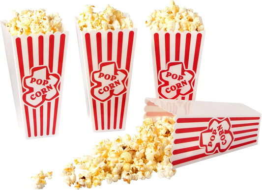 Plastic Popcorn Containers Red & White Striped Retro Style Reusable Popcorn Boxes for Movie Night 4”x8” - 6 Pack