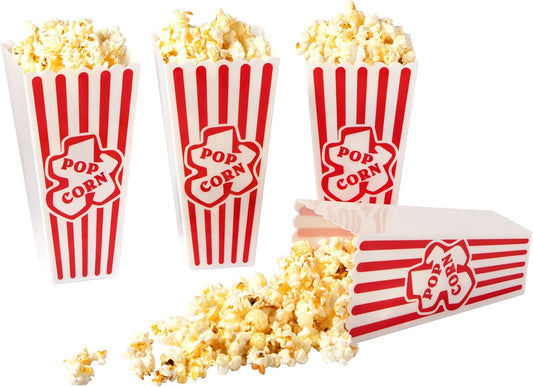 Plastic Popcorn Containers Red & White Striped Retro Style Reusable Popcorn Boxes for Movie Night 4”x8” (4 Pack)
