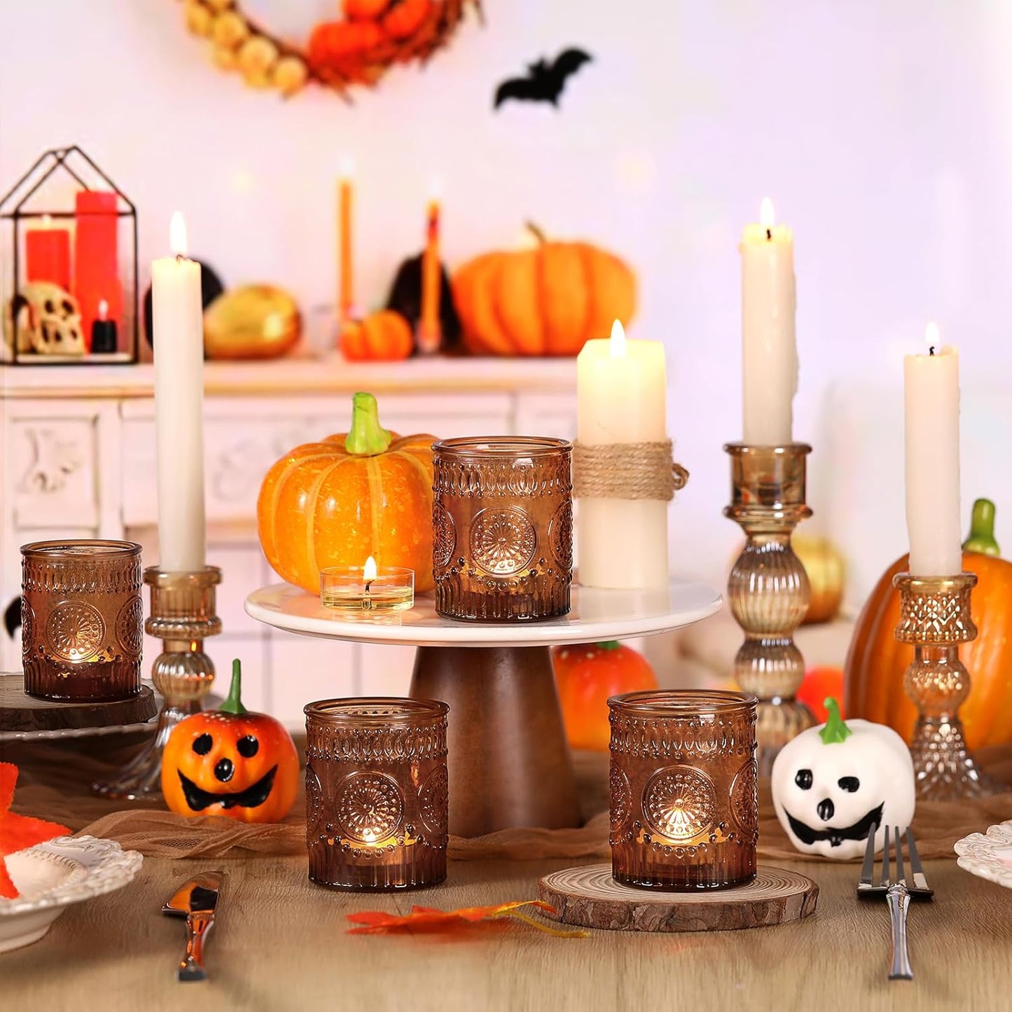 DARJEN Amber Votive Candle Holders Set of 36- Glass Candle Holders Bulk for Flameless LED Tea Waxes, Vintage Candle Holder for Wedding & Home Table Decor, Vintage Parties