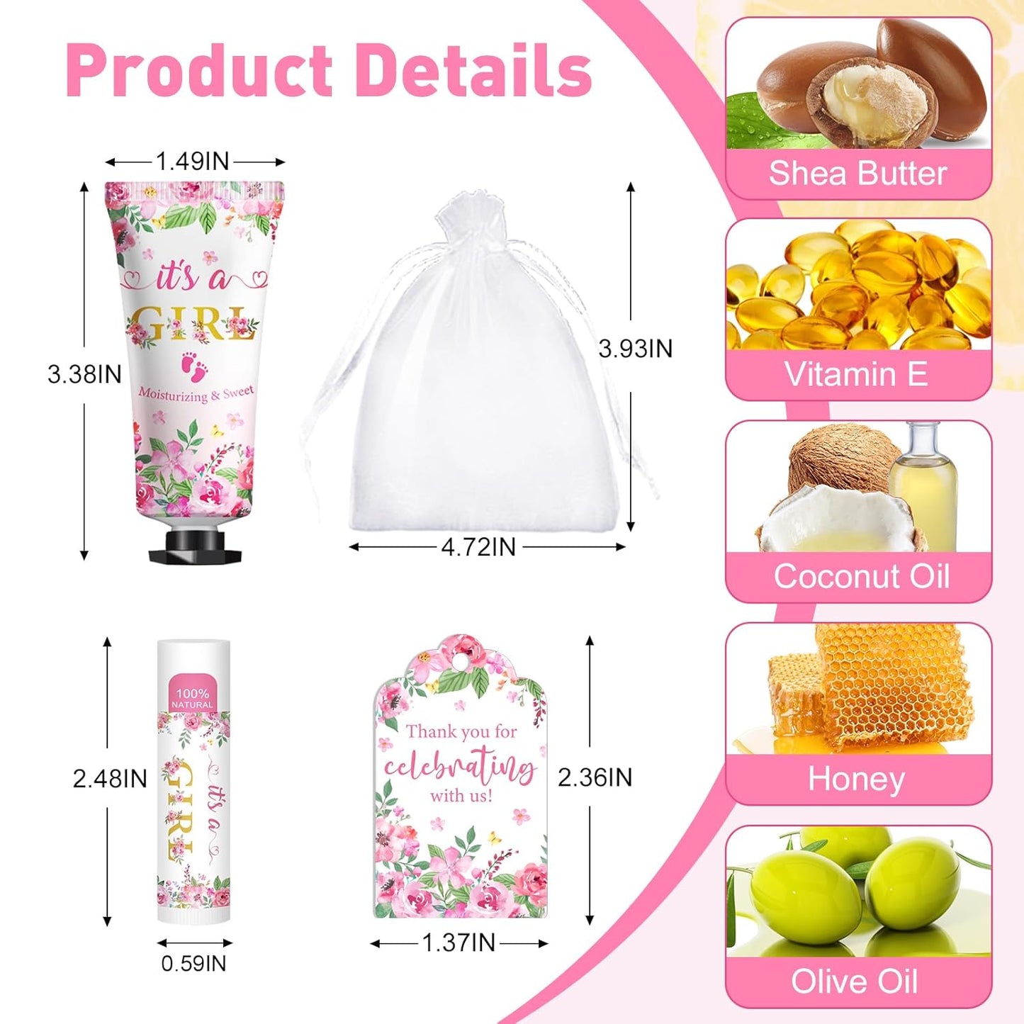 50 Pack Bulk Hand Cream and Lip Balm Gifts Sets, Baby Shower Favors and Bridal Shower Favors for Guests with Thank You Card and Organza Gift Bags, Appreciation Gifts, Wedding Party Favors (Baby Girls)
