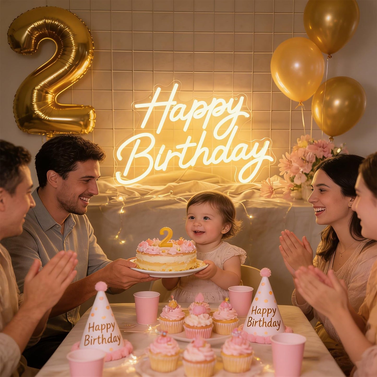 Happy Birthday Neon Sign for Wall Decor, Dimmable LED Light Up Sign