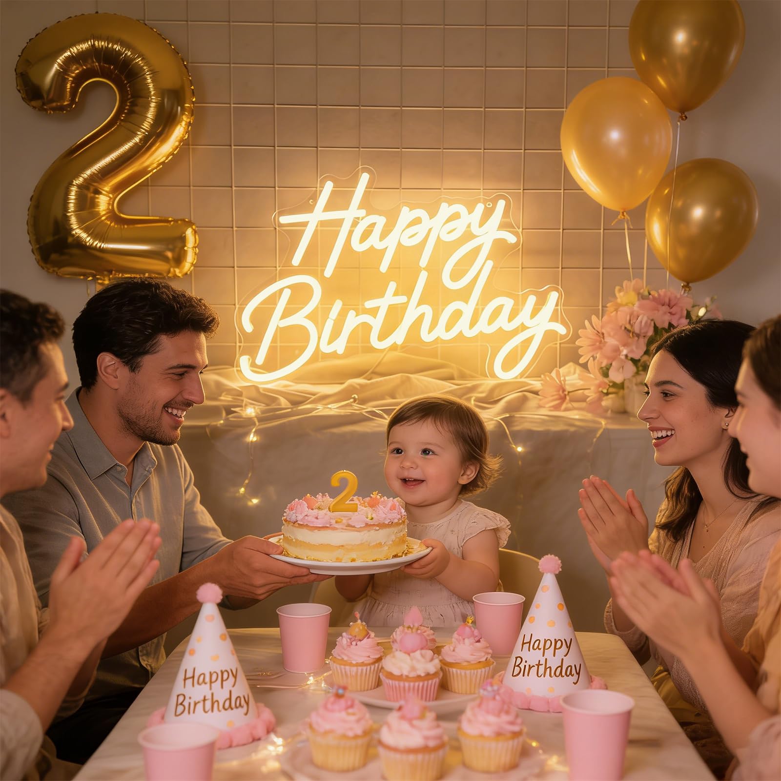 Happy Birthday Neon Sign for Wall Decor, Dimmable LED Light Up Sign