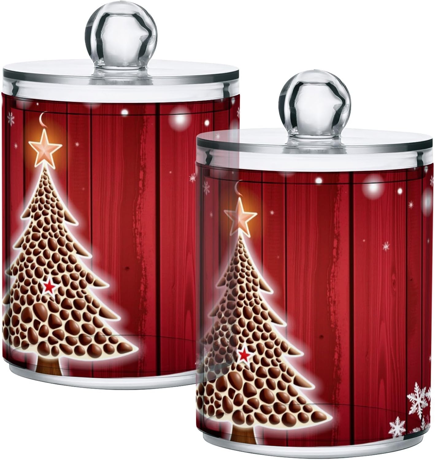Gredecor Christmas Winter Qtip Holder Dispenser 2 Pack Christmas Tree Red Snowflakes Bathroom Decorative Storage Canister Holder Counter Vanity Organizer for Cotton Ball Swabs Pads Floss
