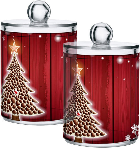 Gredecor Christmas Winter Qtip Holder Dispenser 2 Pack Christmas Tree Red Snowflakes Bathroom Decorative Storage Canister Holder Counter Vanity Organizer for Cotton Ball Swabs Pads Floss