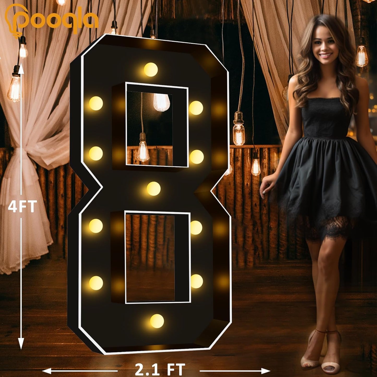 Pooqla 4 FT Light Up Marquee Numbers, Black Marquee Number Lights 4 Feet Tall for 8th 18th 80th Birthday, Giant Letter Big Mosaic Numbers for Balloons Party Anniversary Wedding Decorations, Number 8