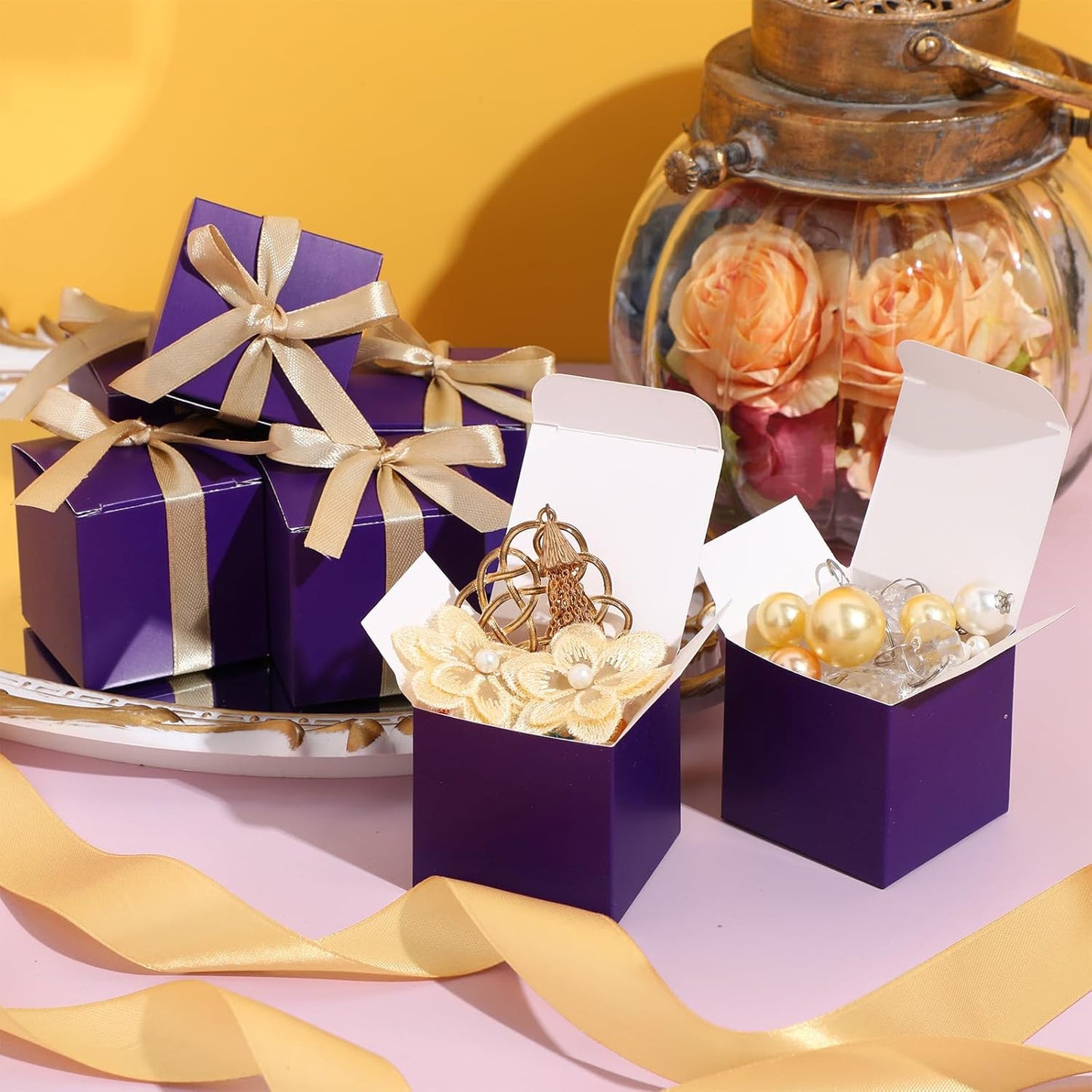 Jutom 100 Pcs Mini Favor Boxes Extra Small Candy Boxes Paper with Gold Ribbon for Christmas Thanksgiving Day Birthday Wedding Anniversary Supplies(2 x 2 x 2 Inch,Purple)