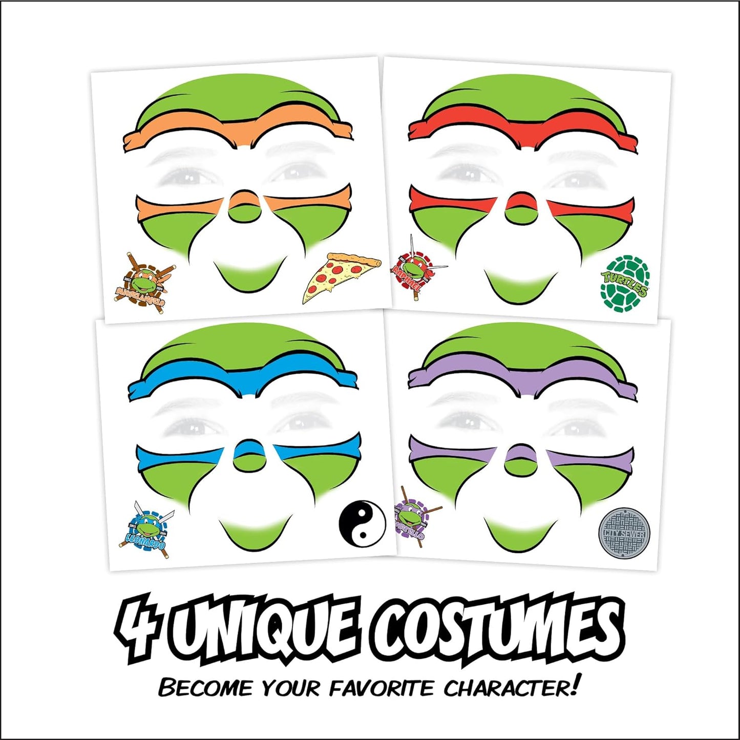 Teenage Mutant Ninja Turtles Costume Face Tattoos – Temporary Tattoo Set for Kids Featuring Leonardo, Donatello, Michelangelo & Raphael, Easy Halloween Costume Accessory, Non-Toxic & Skin-Safe