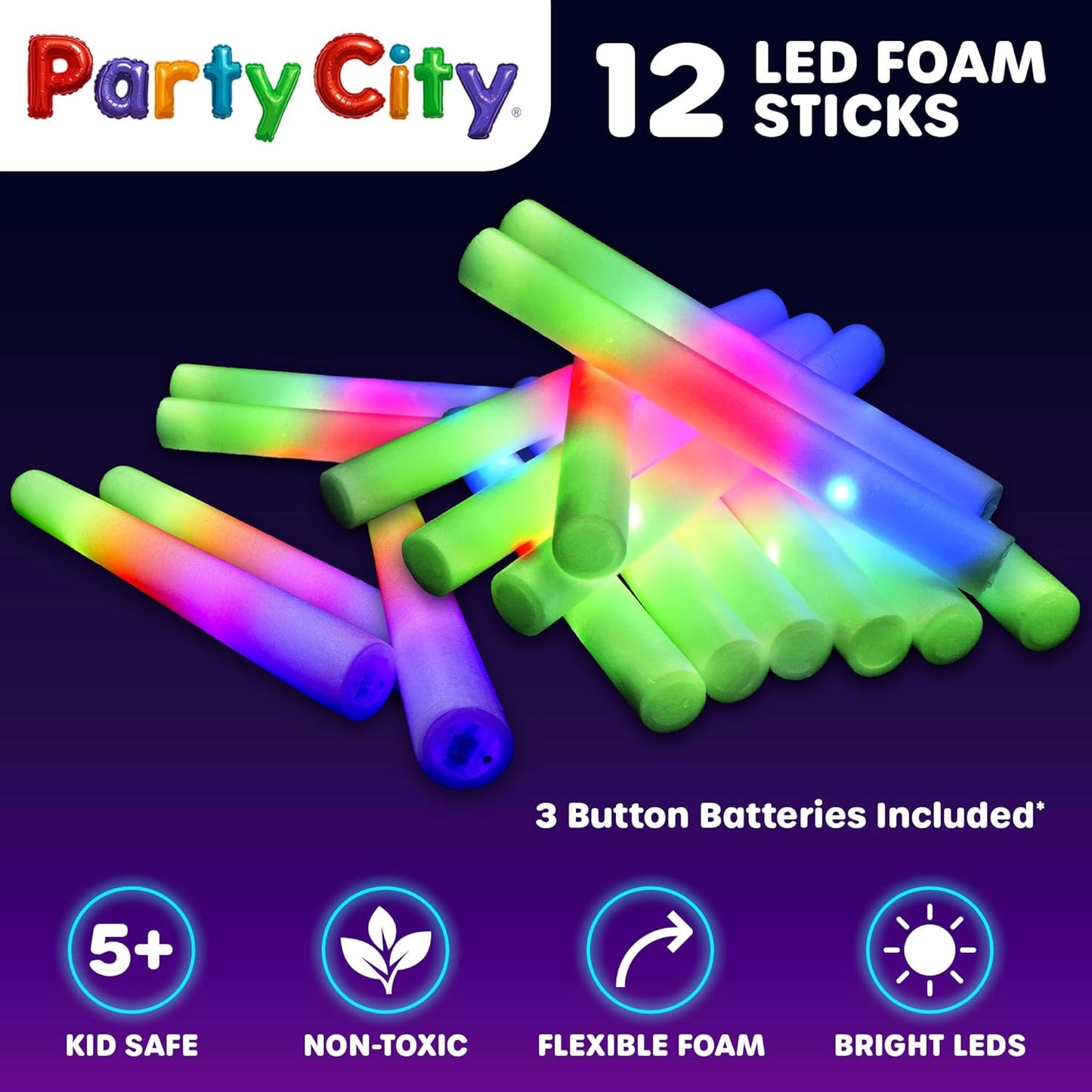 Party City 12pk LED Foam Glow Sticks 14”- Glow in the Dark Party Supplies Favors, Colorful Flashing Wand with 3 Modes, Foam Light Up Sticks Bulk Party Pack for Wedding, Birthday, Concert, Halloween