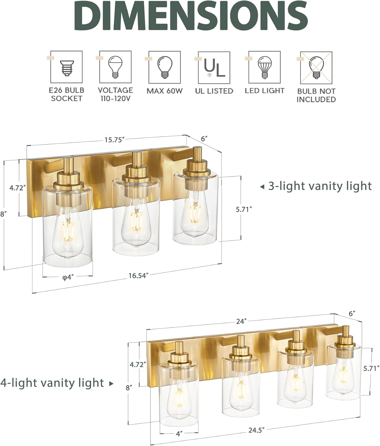 4-Light Bathroom Light Fixtures, Brushed Gold Vanity Light with Cylinder Clear Glass Shade, Modern Vanity Lighting Fixtures Over Mirror, VL143-BG-4