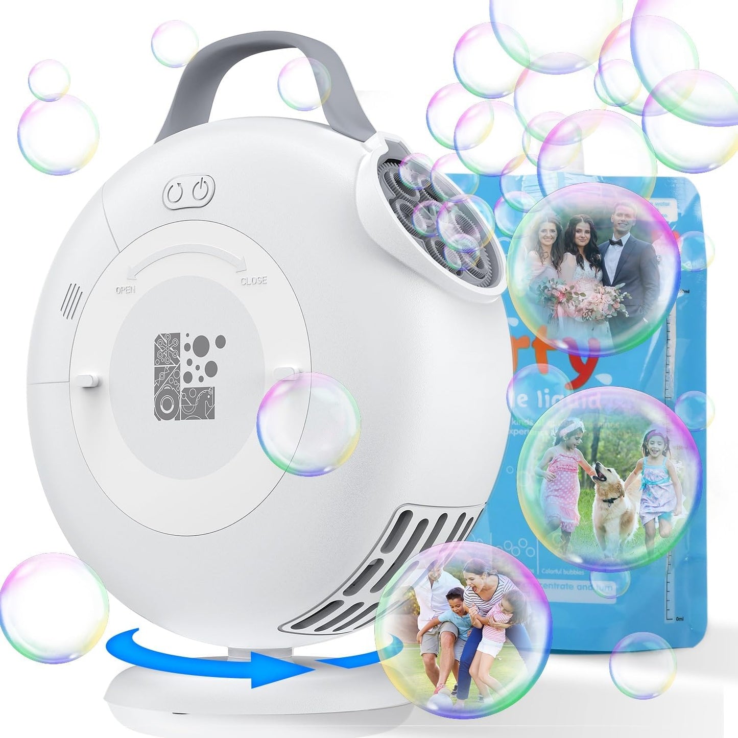 Bubble Machine, Automatic Bubble Blower for Kids Toddlers, 8000+ Bubbles Per Minute, 90° 200° Oscillating Electric Plug-in or Batteries Bubble Maker Toys for Outdoor Birthday Party - White