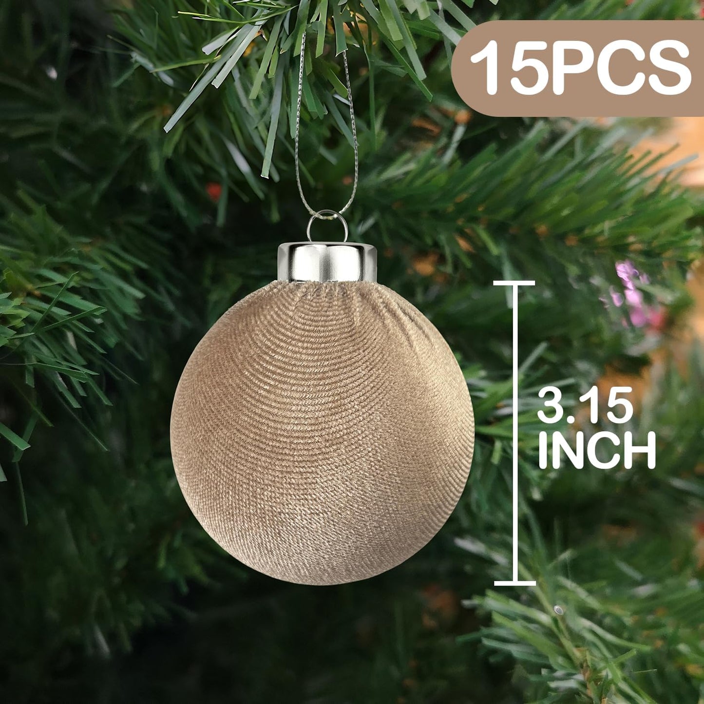 Brown Velvet Christmas Ornaments for Tree 15 PCS, Big Neutral Flocked Christmas Balls Ornaments Set, Shatterproof Earth Tone Xmas Hanging Decor for Holiday (Light Brown, 3.15 Inch)