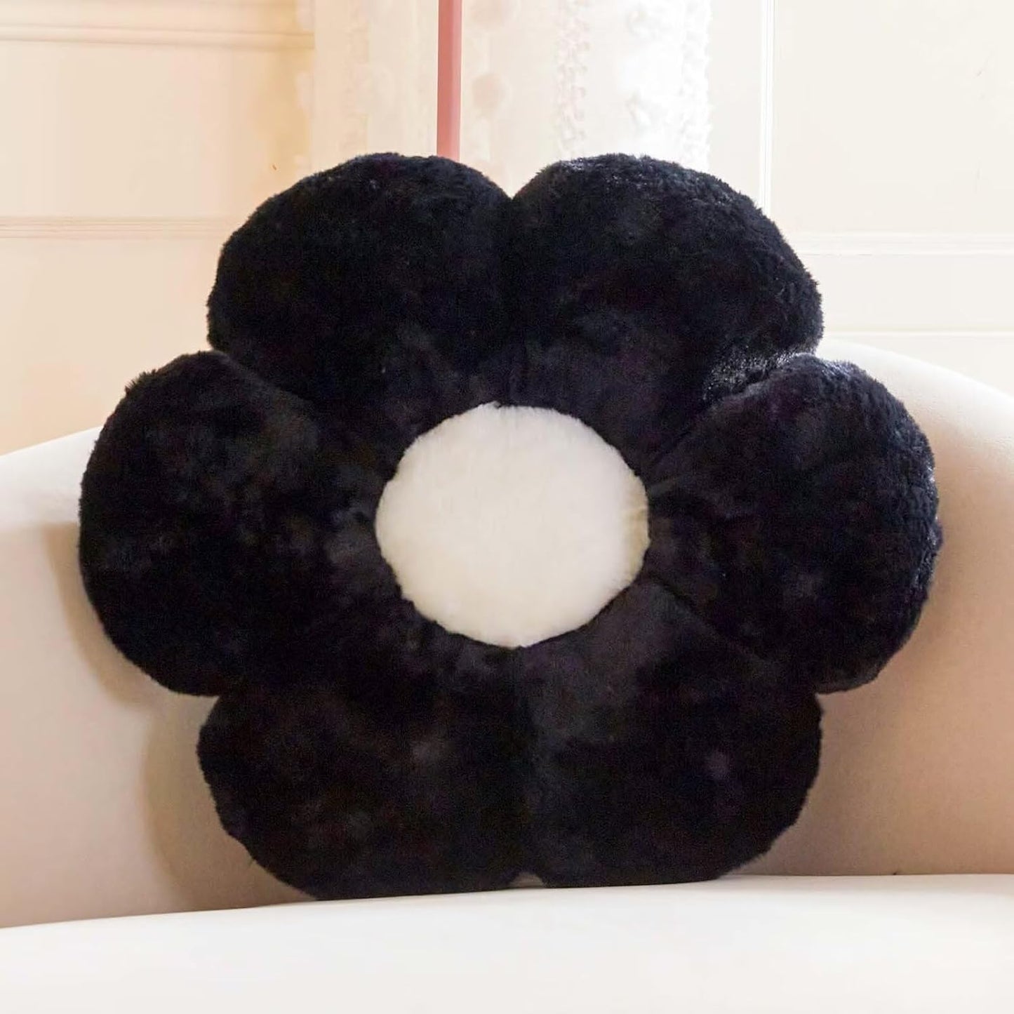 Black Flower Plush Throw Pillow, Cute Decorative Flower Shaped with Faux Rabbit Fur, 19.6" Soft Plush Floor Pillow for Bedroom Living Room