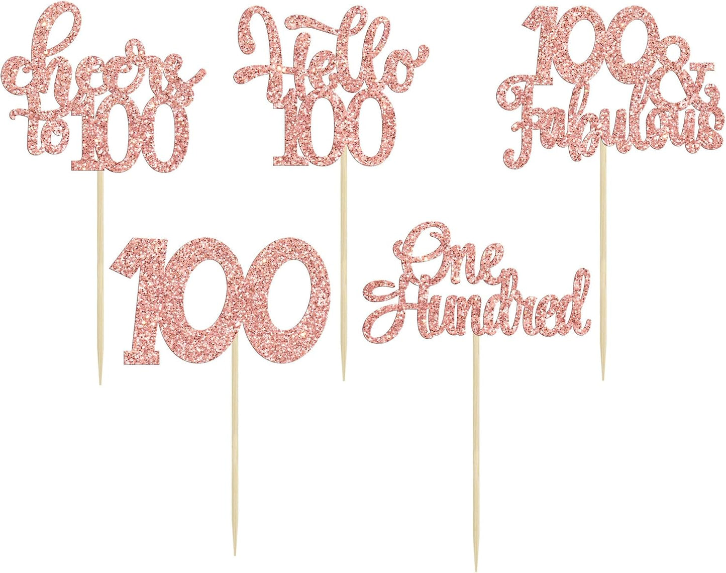 30pcs Happy 100th Birthday Cupcake Toppers - Rose Gold Glitter One Hundred Cheers to 100 Years Old Cupcake Picks for Anniversary Party Cake Decorations