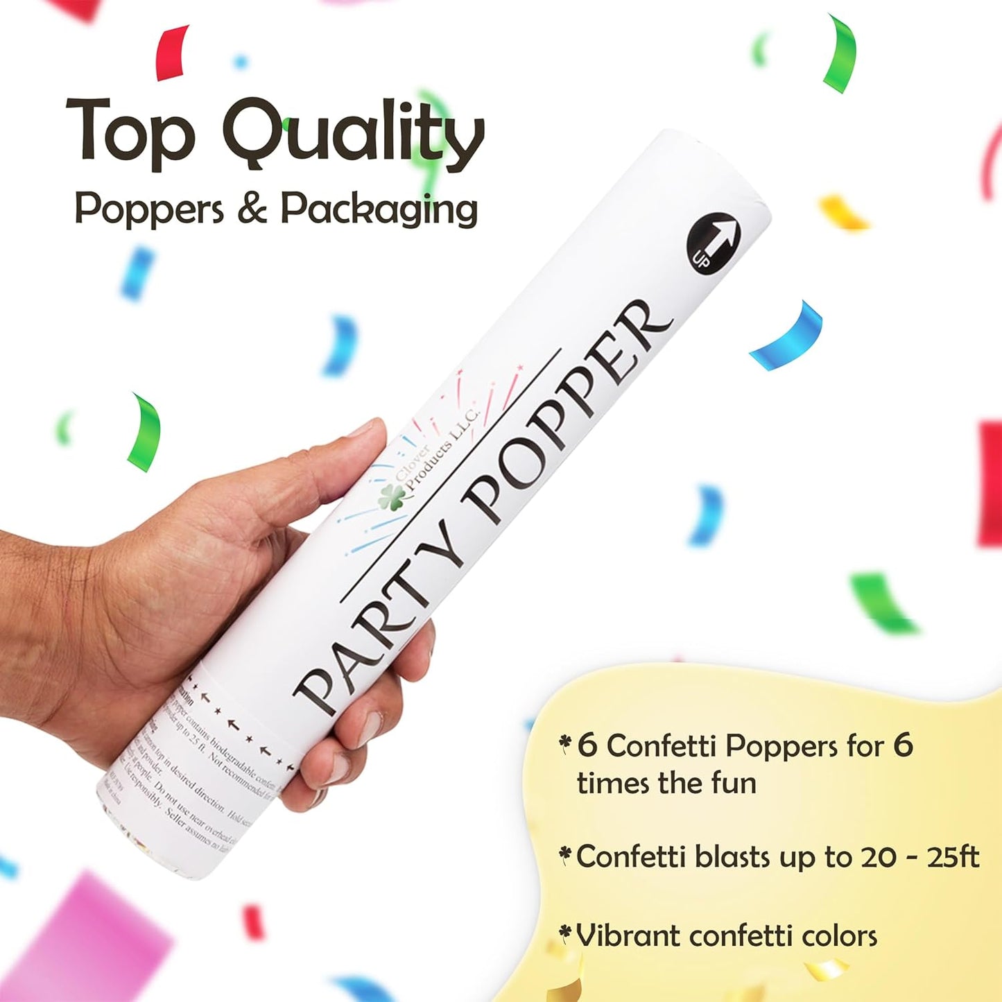 Clover Products 12" Biodegradable Confetti Cannons | 6 Pack Confetti Poppers for Weddings, Birthdays & Parties | Air-Powered Party Poppers Shoot 25 Feet | Safe for Indoor & Outdoor Use