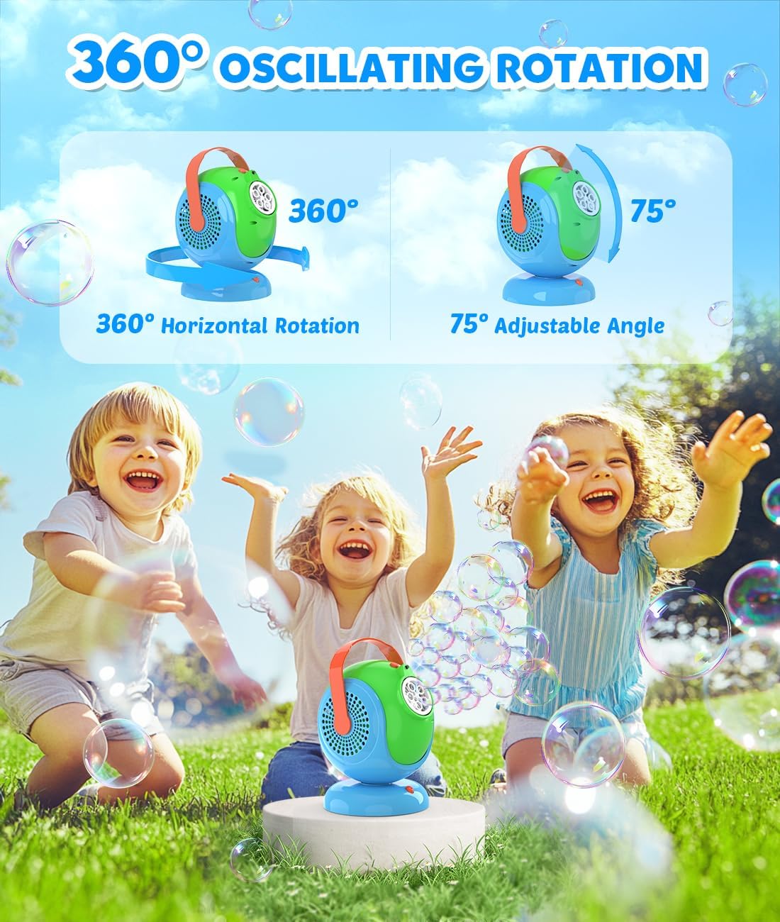 Joyfuture Bubble Machine, Automatic Bubbles Blower for Kids, Toddlers - 360° Rotation, 75° Adjustment, with Handle - Gifts Toys for Boys, Girls Age 1+ Year Old, Hallween, Outdoor, Birthday Party