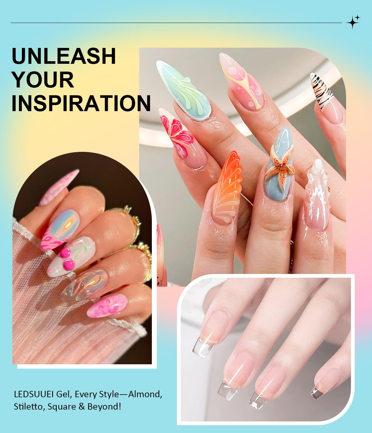 Solid Builder Gel for Nails LEDSUUEI - Clear 3D Nail Gel Sculpting Non-Sticky Hand Carving Glue Extension with 96PCS Extension for Manicure Salon Home Decoration DIY 20g