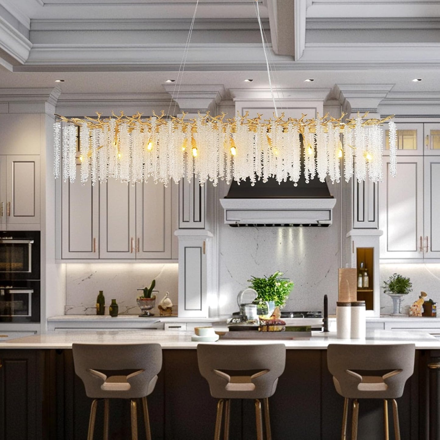 YUYI Gold Crystal Chandelier, Modern 60" Rectangular Chandeliers for Dining Room,K9 Large Luxury Flush Mount Chandelier for Foyer Living Room,Kitchen Island Hanging Light Fixture