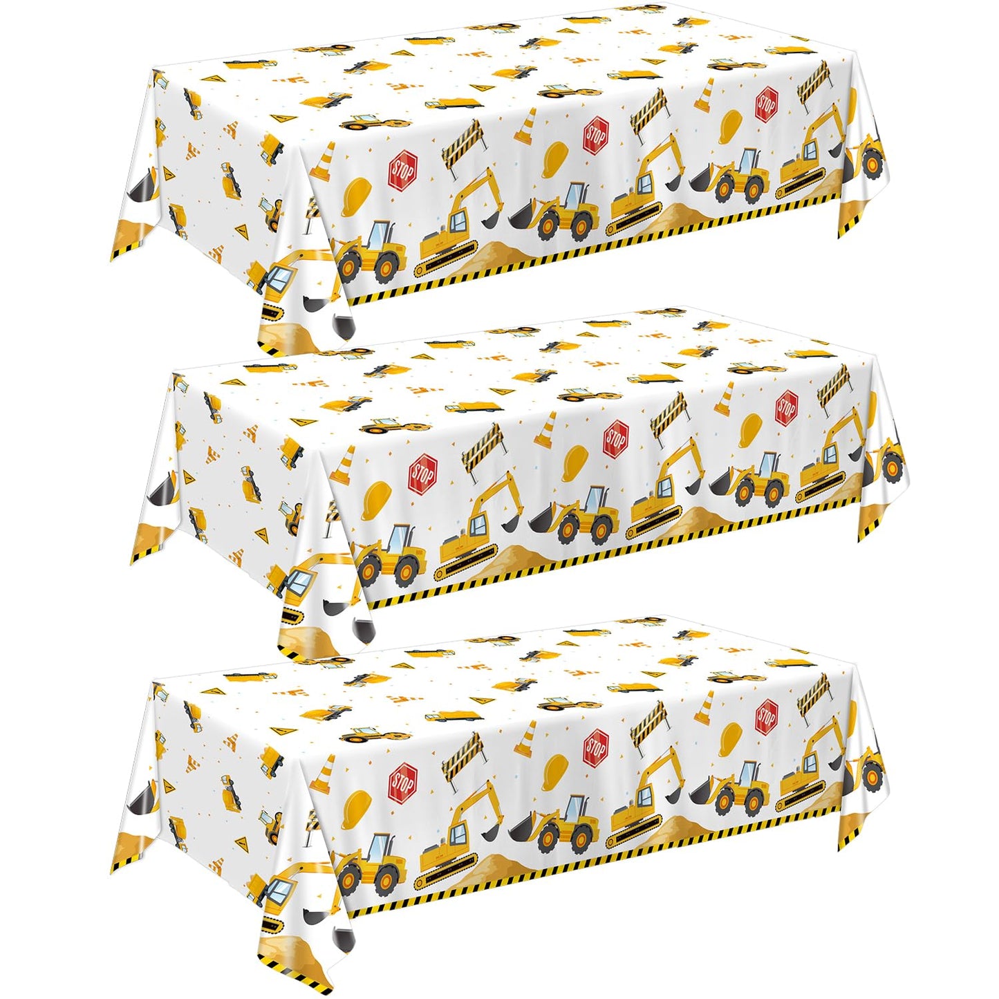 QIYANPAX 3 Pack Construction Plastic Birthday Party Tablecloths, 54 x 108 Inches - Truck Excavator