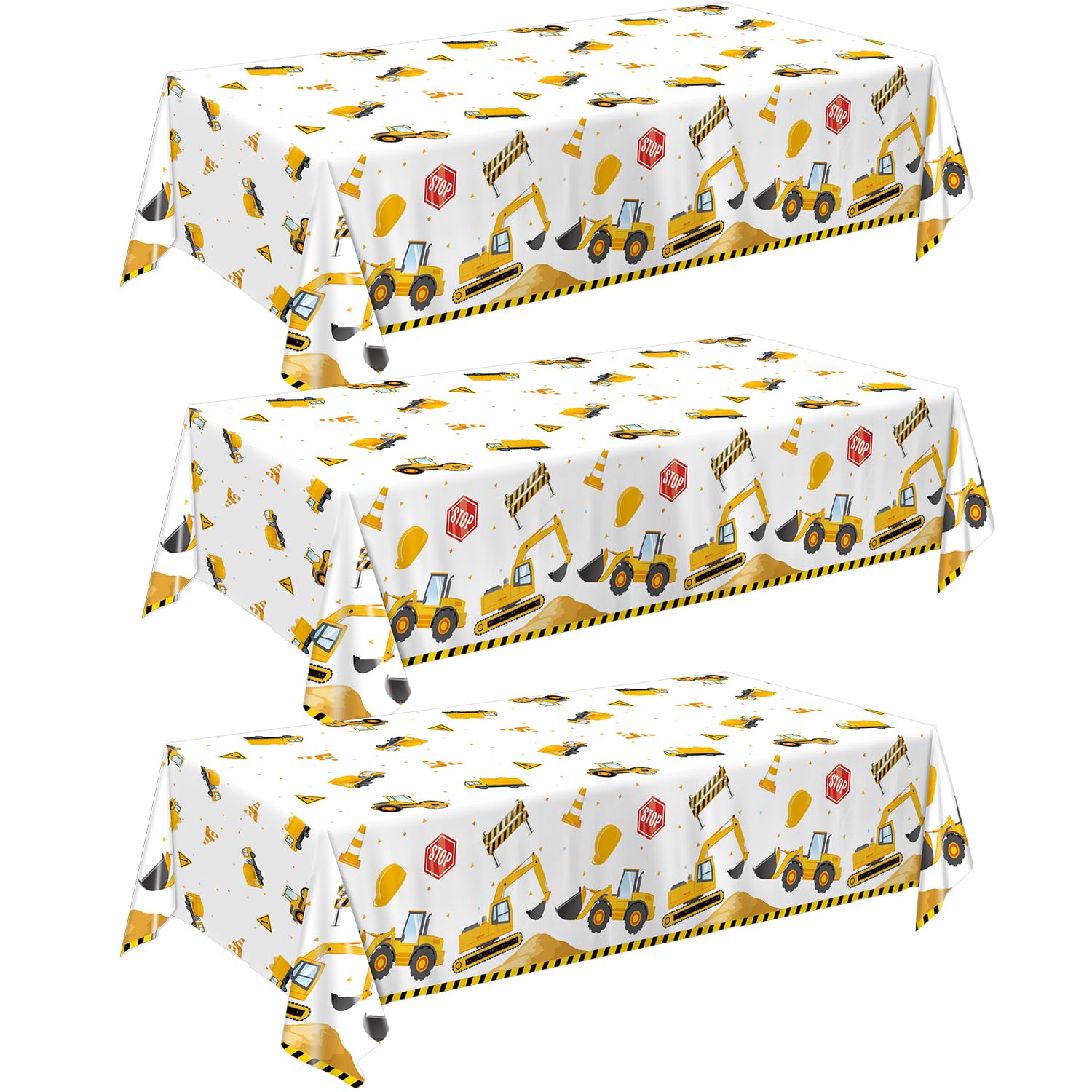 QIYANPAX 3 Pack Construction Plastic Birthday Party Tablecloths, 54 x 108 Inches - Truck Excavator