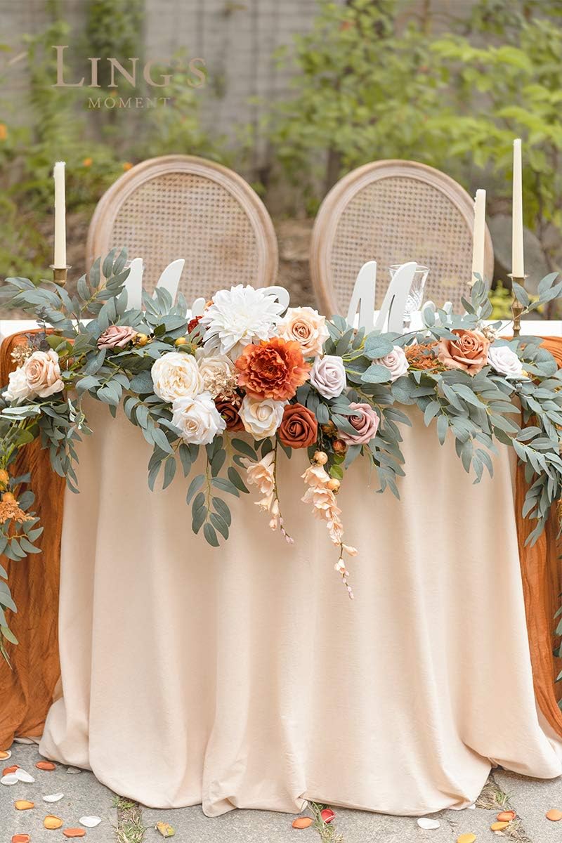 Ling's moment Fall 9FT Flower Garland for Backdrop Decorations - Wedding Arch Flowers, Eucalyptus & Rose, Artificial Floral Garland for Mantle - Sweetheart Table Decor for Ceremony, Terracotta