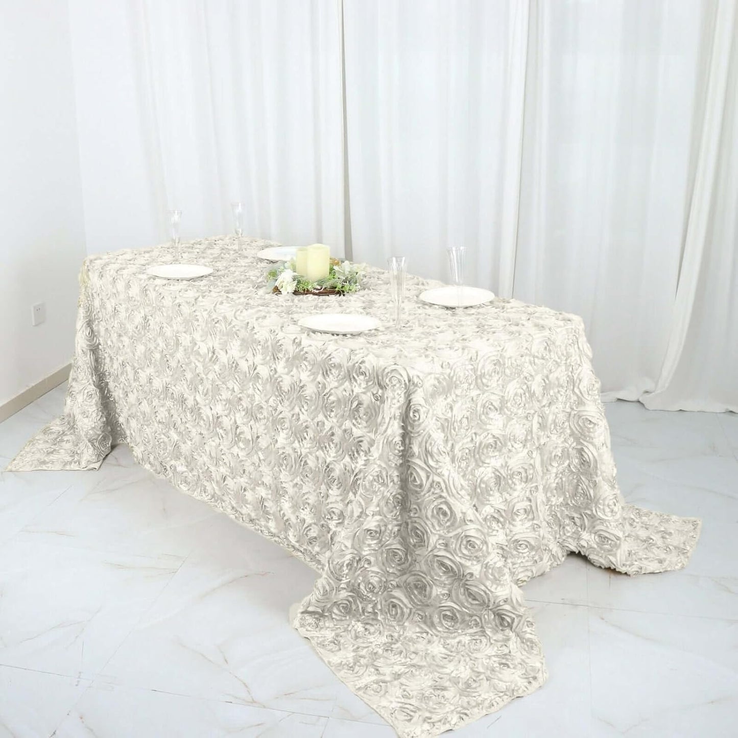 Efavormart 90"x132" Wholesale Rectangle Table Cover Ivory Grandiose Rosette 3D Satin Tablecloth for Wedding Party Event Decoration