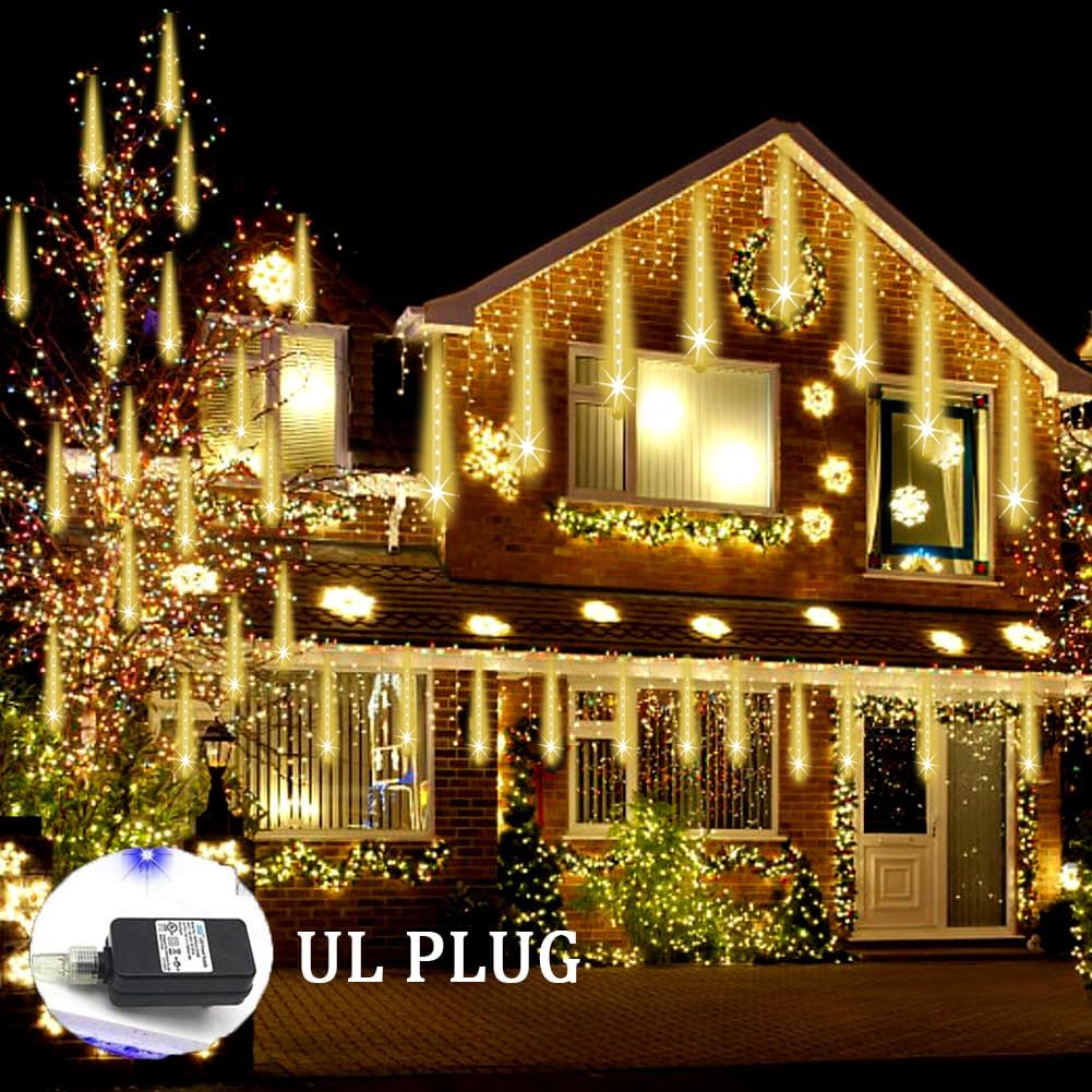 Christmas Lights Outdoor Falling Rain Meteor Shower Lights 12 inch 8 Tube 192 LED Snowfall Icicle Cascading String Light for Xmas Tree Christmas Decorations Holiday Garden, UL Plug,Warm White
