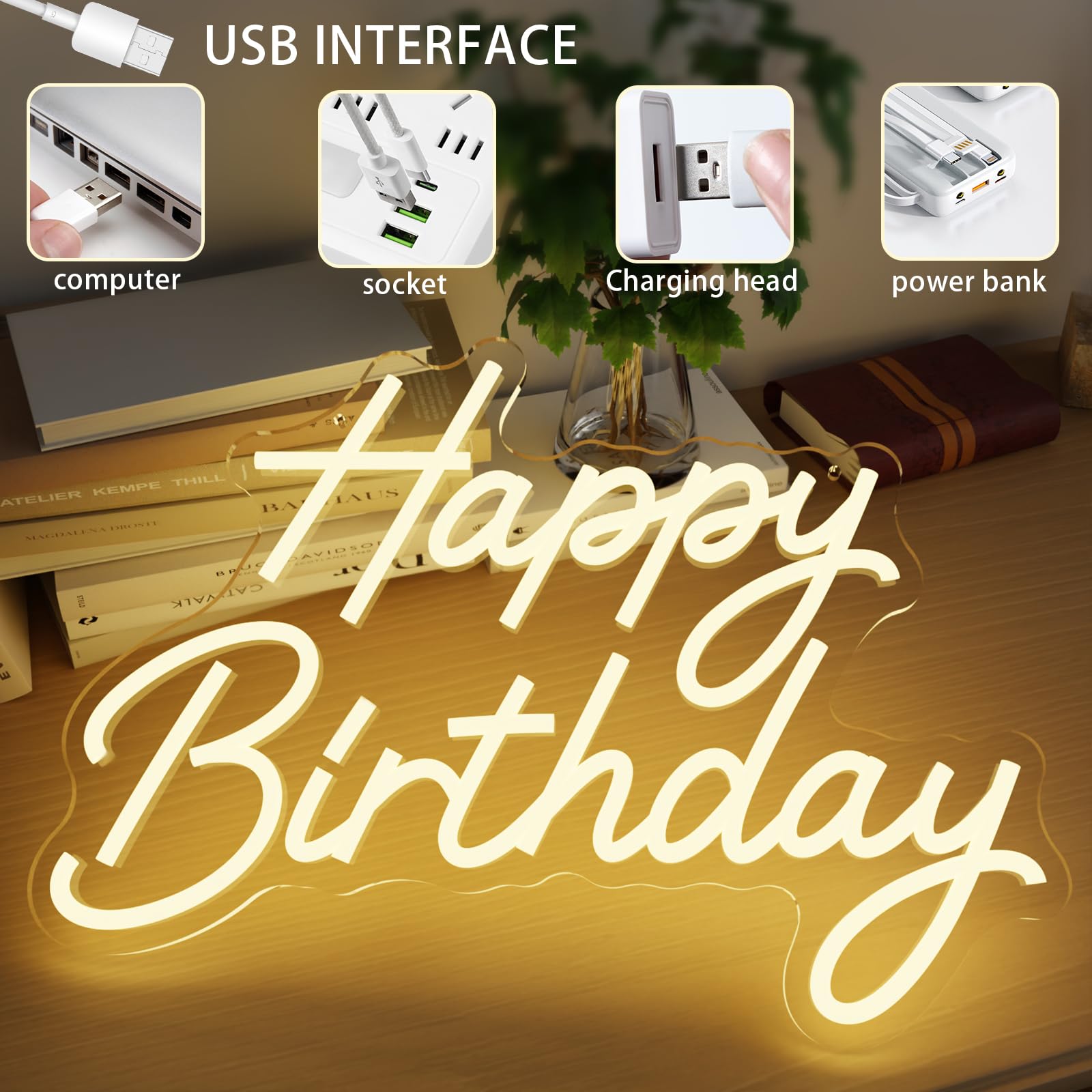 Happy Birthday Neon Sign for Wall Decor, Dimmable LED Light Up Sign