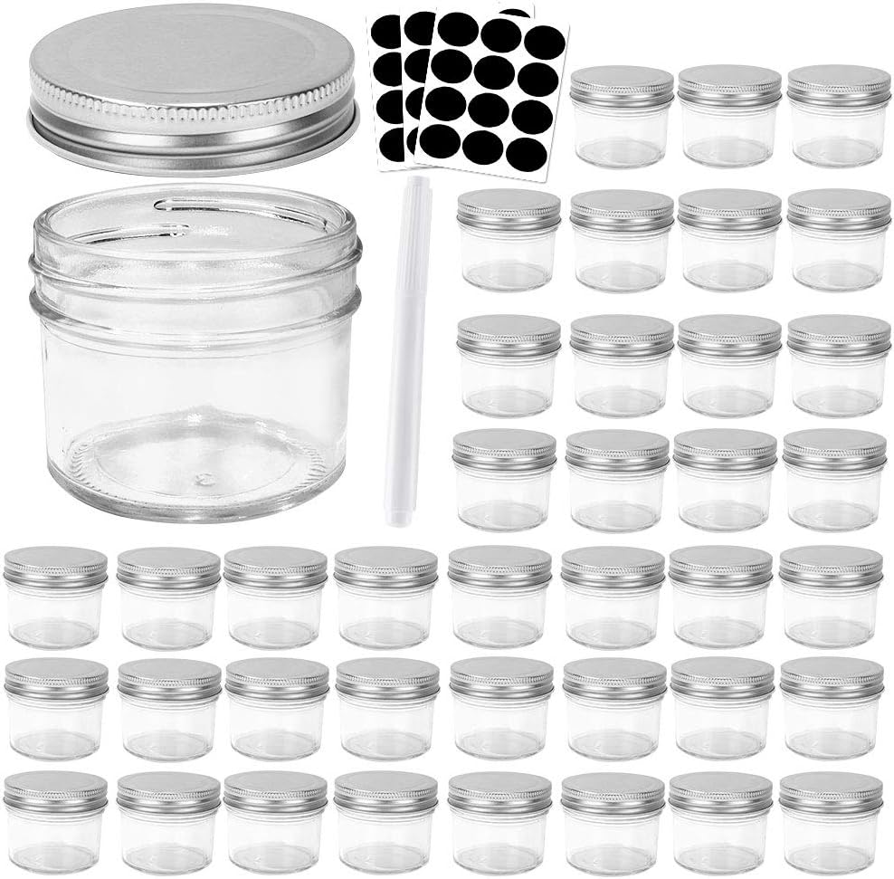 Betrome 4 oz Clear Glass Mason Jars with Silver Metal Lids, 40 Pack 113ml Round Canning & Jelly Jars Small Spice Jars for Herb,Jelly,Jams, for Kitchen Storage