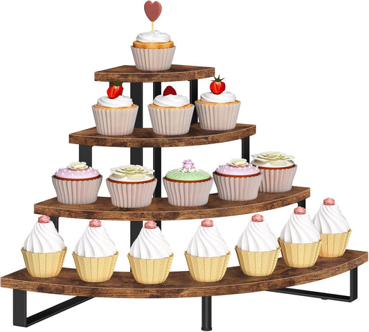 ELITEROO Cupcake Tier Stand, Wooden Cup Cake Stand Stairs, 4 Tier Dessert Table Display Set for Cookie Cocktail Candy Donut, Display Riser for Vendors Craft Show, Rustic Brown Curved Corner