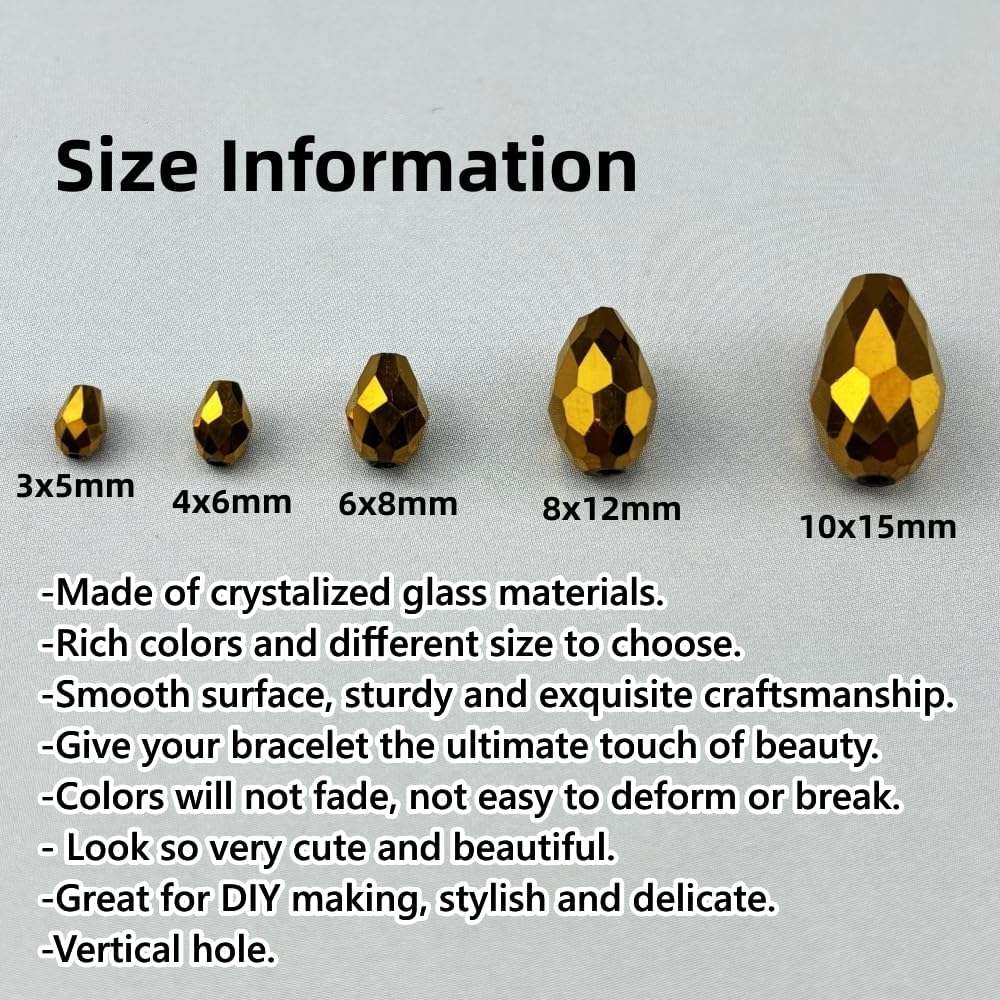 50pcs 10x15mm Teardrop Crystal Glass Beads for Jewelry Making, Faceted Vertical Hole Teardrop Glass Spacer Beads for Wind Chimes Bracelet Earring Necklace DIY Craft(Gold)