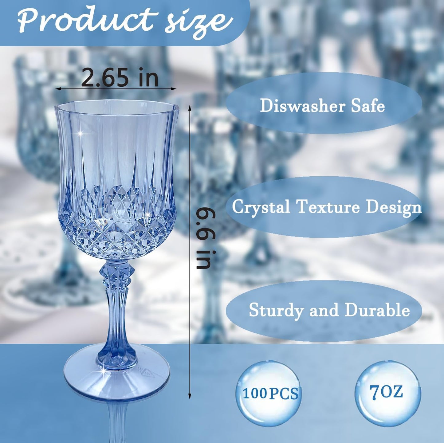 Plastic Wine Glasses，Plastic Goblets Vintage Style Cordial Drinking Glasses for Wedding Reception, Grand Event Party Supplies (100, Blue)