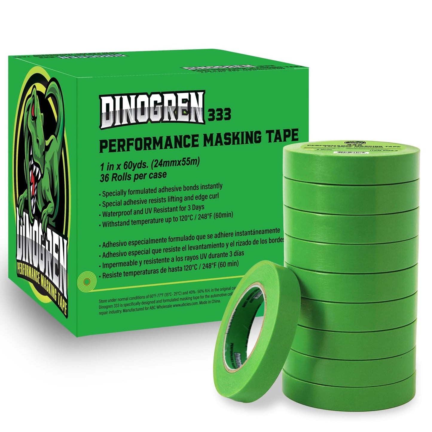 LAUCO DINOGREN High Performance Masking Tape for Car Paint, Heat & Water Resistant, Multi-Purpose Green (1 in (36 Rolls))