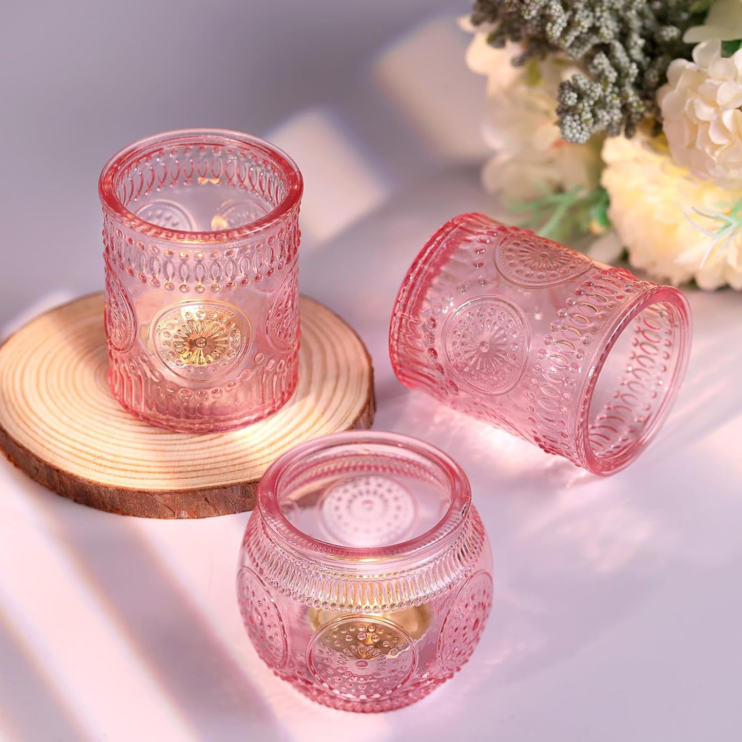 DARJEN 24Pcs Pink Votive Candle Holders- Glass Candle Holders Bulk for Flameless LED Tea Waxes, Romantic Candle Holder for Wedding Decor, Various Parties & Dinner Table