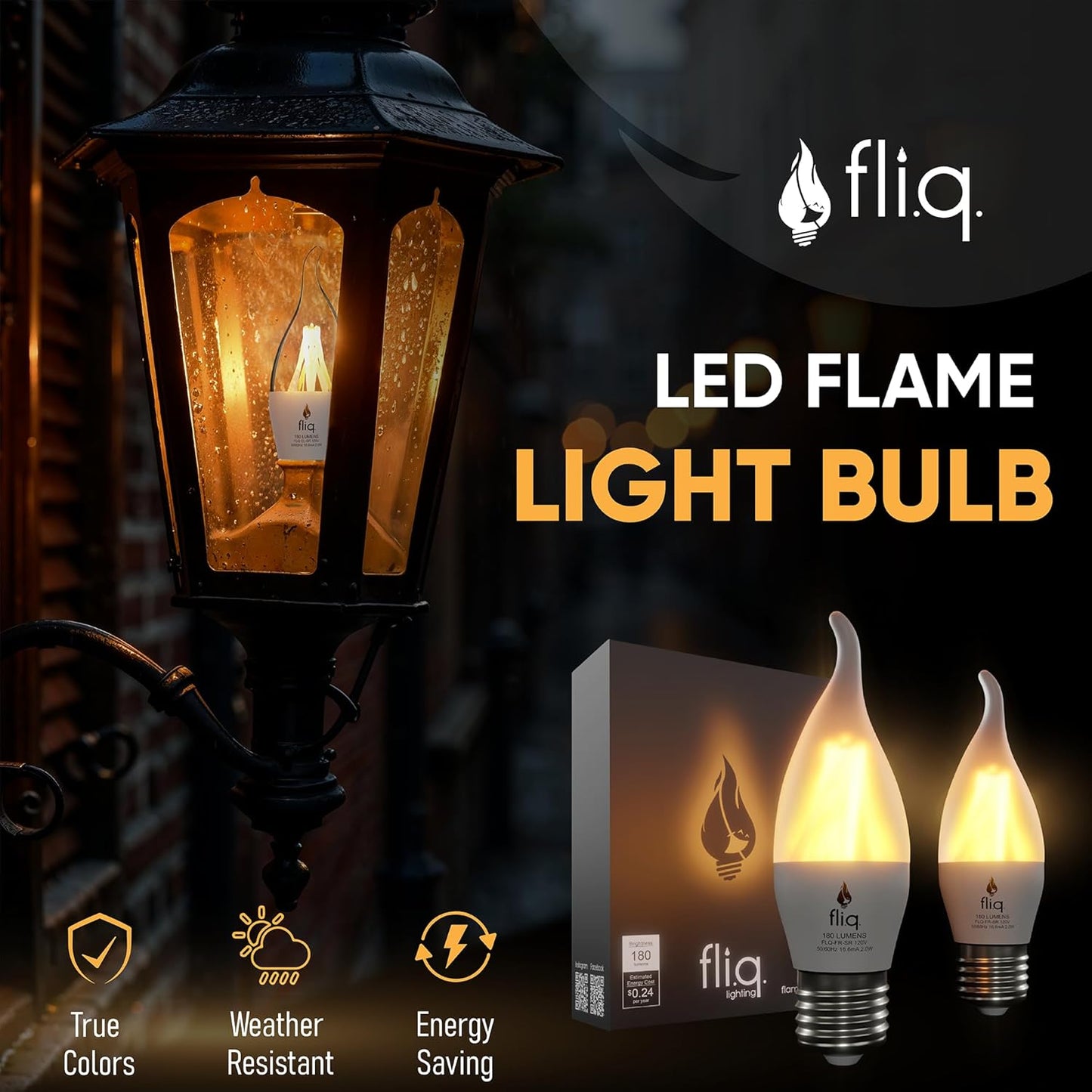 Fliq | LED Flame Light Bulb | 2 Pack | 2W | 4 Modes | Flickering Flame Bulb | 2023 Release | (Standard Clear E26)