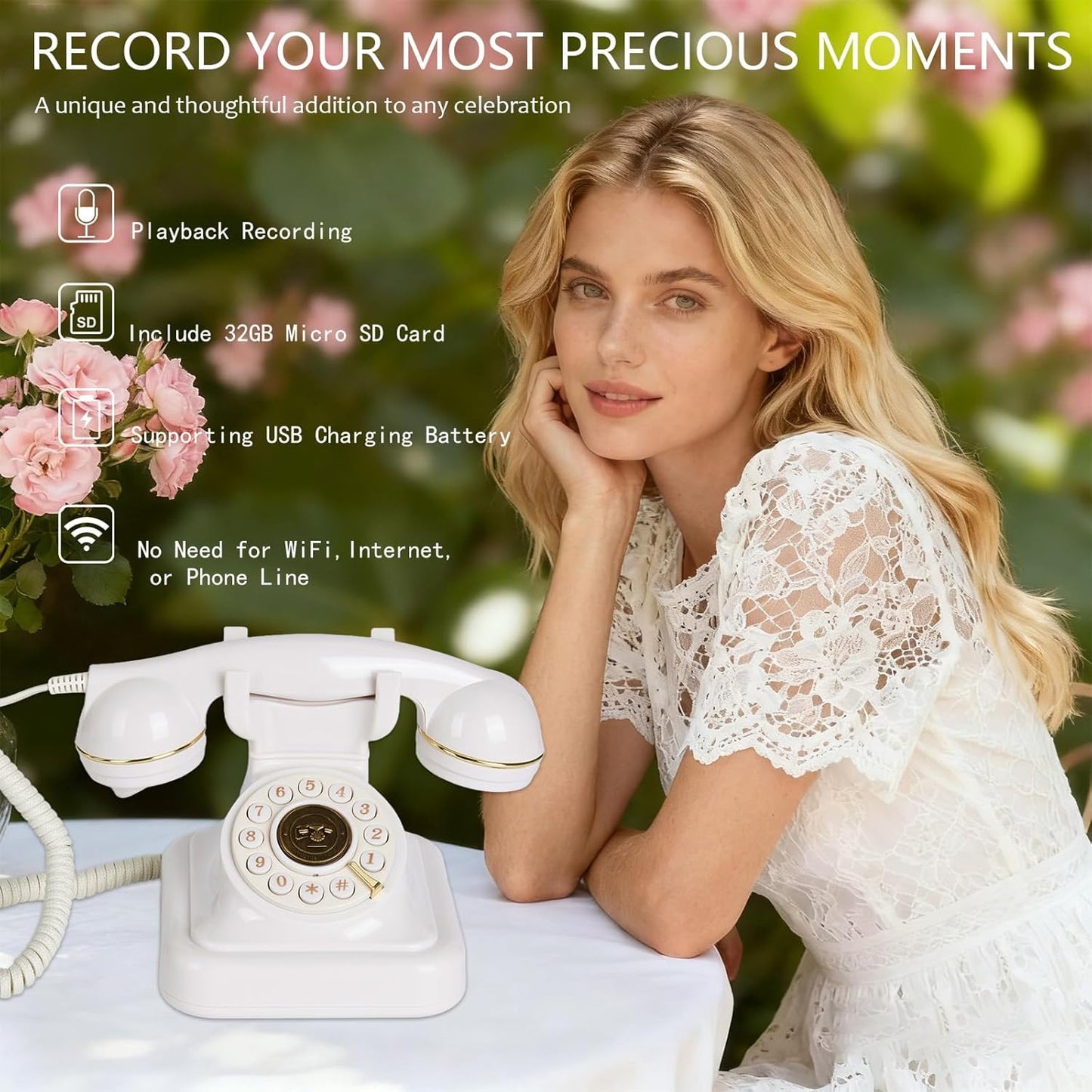 Audio Guest Book Wedding Phone, Retro Audio Phone Guestbook with Clear Voice Recording for Wedding Reception, Bridal Shower, Birthday, Baby Shower, Anniversary, Engagement (White)