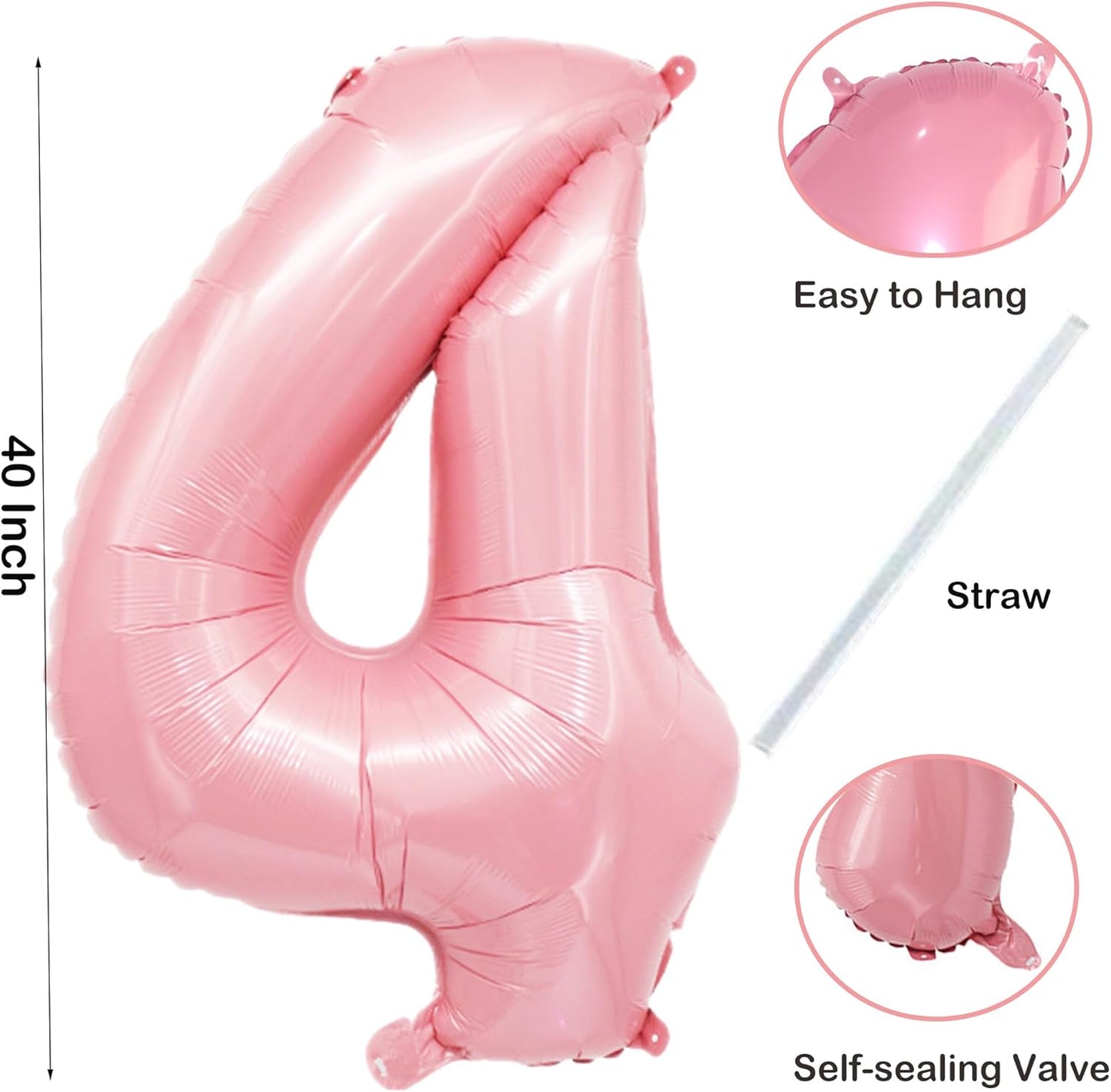Light Pink 4 Number Balloons 40 Inch Big Foil Helium Number Balloons 0-9 Jumbo Happy 4th 40th Mylar Birthday Party Decorations for Girl Anniversary Graduation Princess Party Decoration