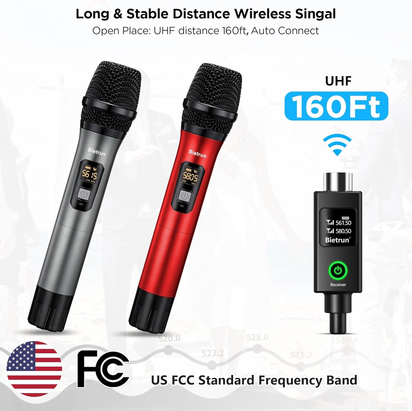 Bietrun XLR Wireless Microphone, UHF Dual Handheld Dynamic Metal Mic Set with Rechargeable Receiver, XLR to 1/4'' Adapter, for Karaoke, Church, Wedding, Party Singing(160 ft Range)(Auto Connect)