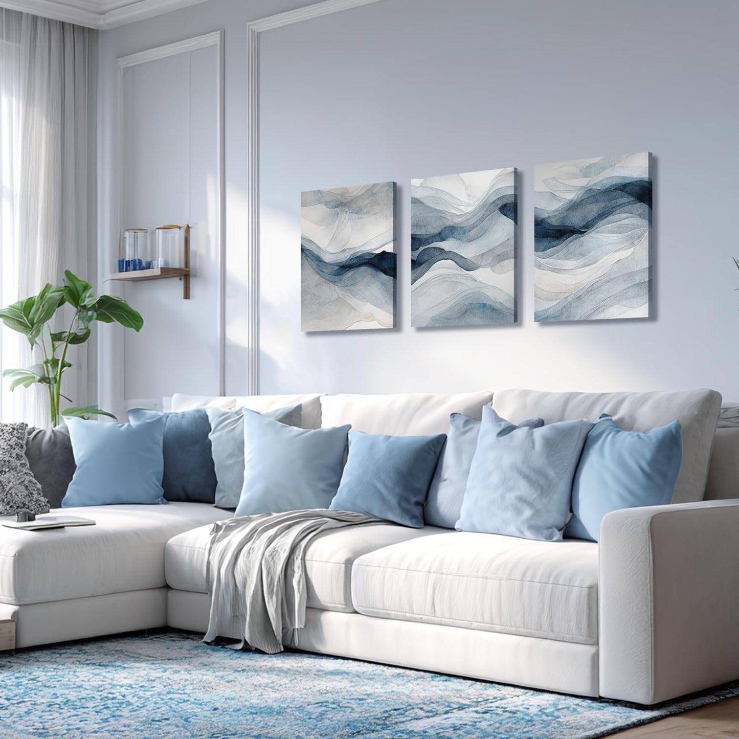 IAFWZX Framed Blue Gray Abstract Wall Art, Modern Minimalist Waves Wall Decor, Neutral Watercolor Line Canvas Paintings, Navy Blue Watercolor Poster Prints for Bedroom Living Room Office 16"x24"x3