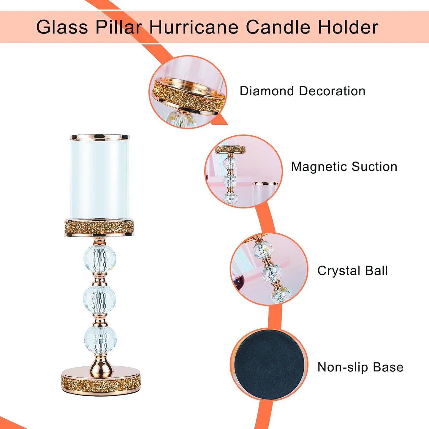 Hurricane Glass Candle Holders, Gold Pillar Candle Holders for Pillar Candle, Magnetic Glass Cover, Crystal Candlesticks Holder for Dining Coffee Table, Wedding,Events,Parties, Home Decor