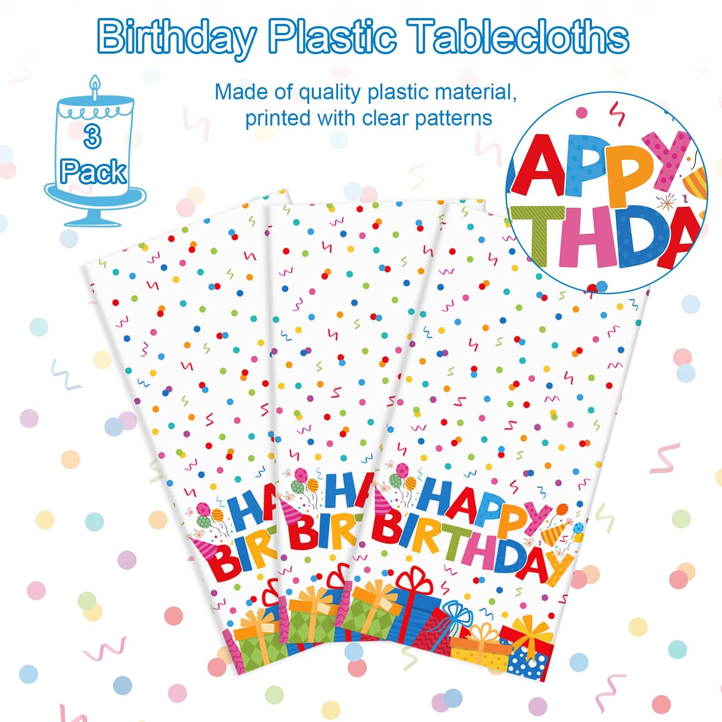 3 Pack Plastic Birthday Tablecloth, Disposable PE Happy Birthday Tablecloth