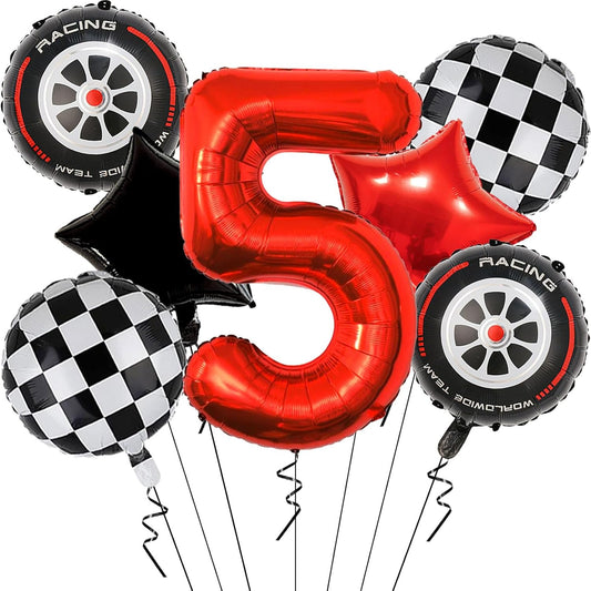 Race Car Birthday Party Decorations - 40 Inch Mylar Red Number 5 Balloons - Black Foil Checkered Race Car Balloons for 5st Birthday Race Cars Themed Party Decorations