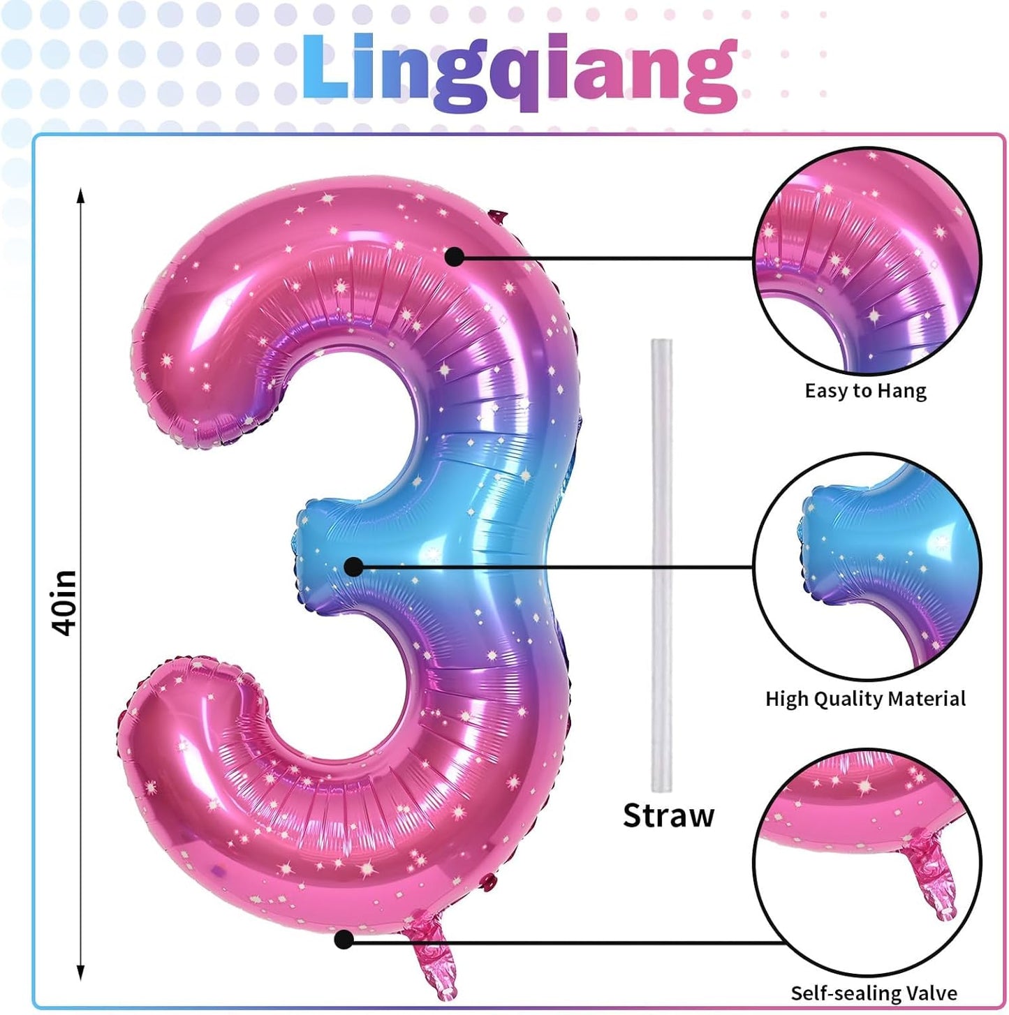 40 Inch Rainbow Large Numbers Balloons 3, Self Inflating Gradient Blue Pink Purple Digit 3 Helium Balloons for 3rd Girls, Starry Foil Mylar Number Balloons 0-9 for Women Birthday Party Decorations