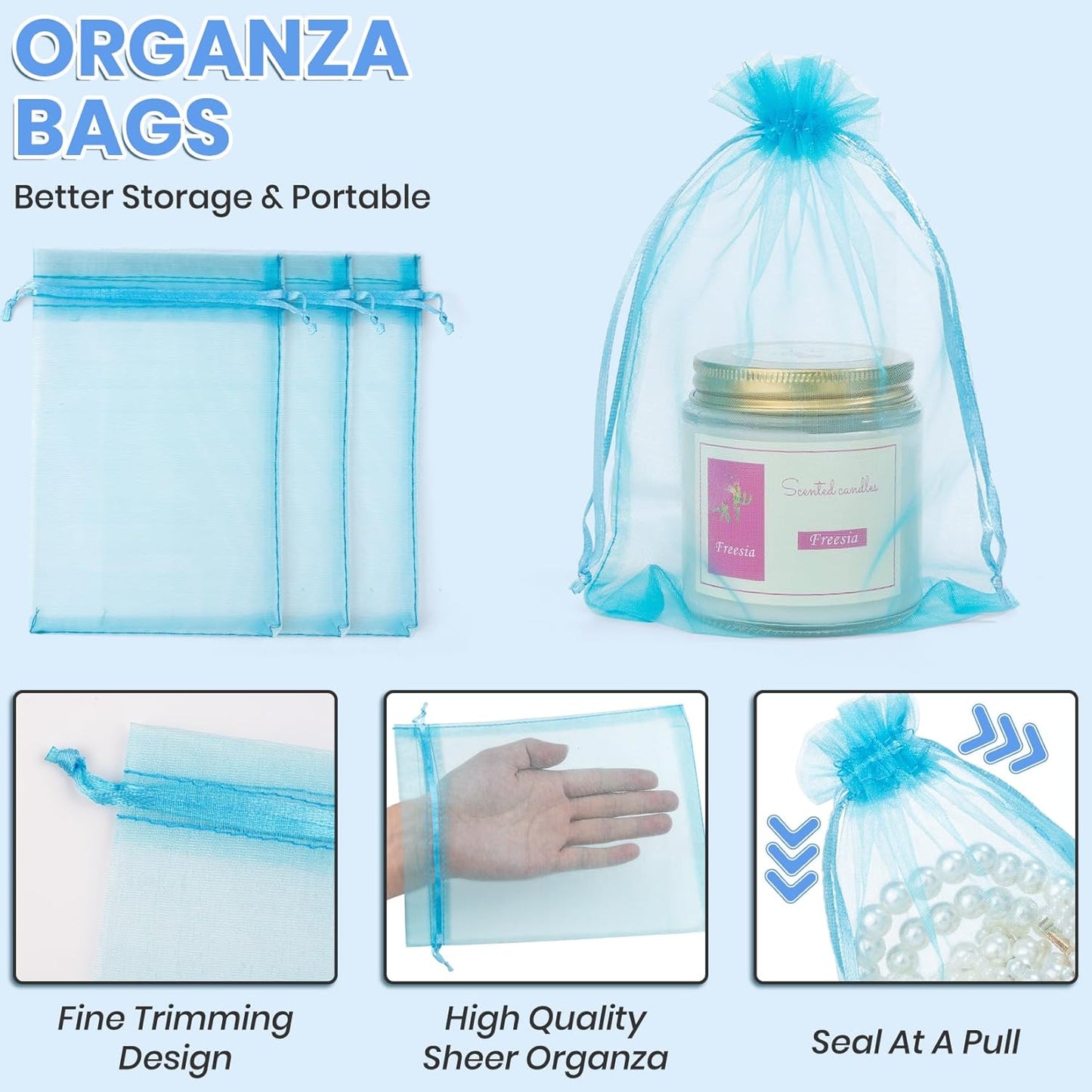 ANZNKU 100 Pack Organza Bags 4x6 Inch, Small Mesh Bag Drawstring Organza Gift Bags for Baby Shower, Party Favors(Lake Blue)