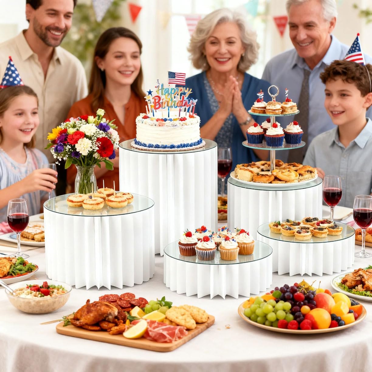 5 Pcs Buffet Risers Food Display Risers for Party Buffet Table, Dessert Table Display Set Cake and Cupcake Stand Combo, Riser Display Stand for Dessert Food Jewelry, White, 4"/8"/12" H