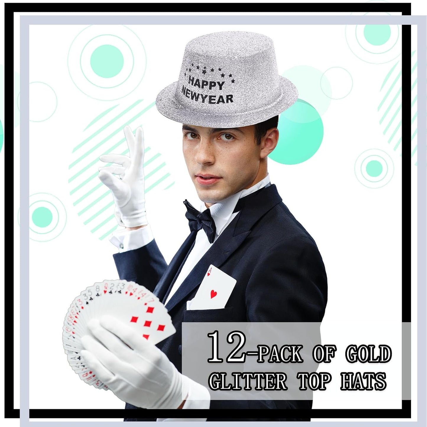 Hillban 12 Pcs Top Hats Halloween Glitter Plastic Retro Disco Party Hats for Halloween Magician Birthday Wedding Carnivals(Silver with Letter,Novel)